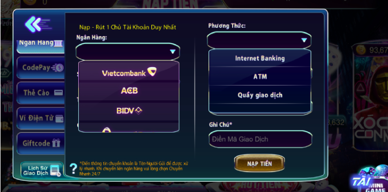 Thực hiện thao tác nạp tiền để trải nghiệm trọn vẹn các sảnh chơi game. Thực hiện thao tác nạp tiền để trải nghiệm trọn vẹn các sảnh chơi game.